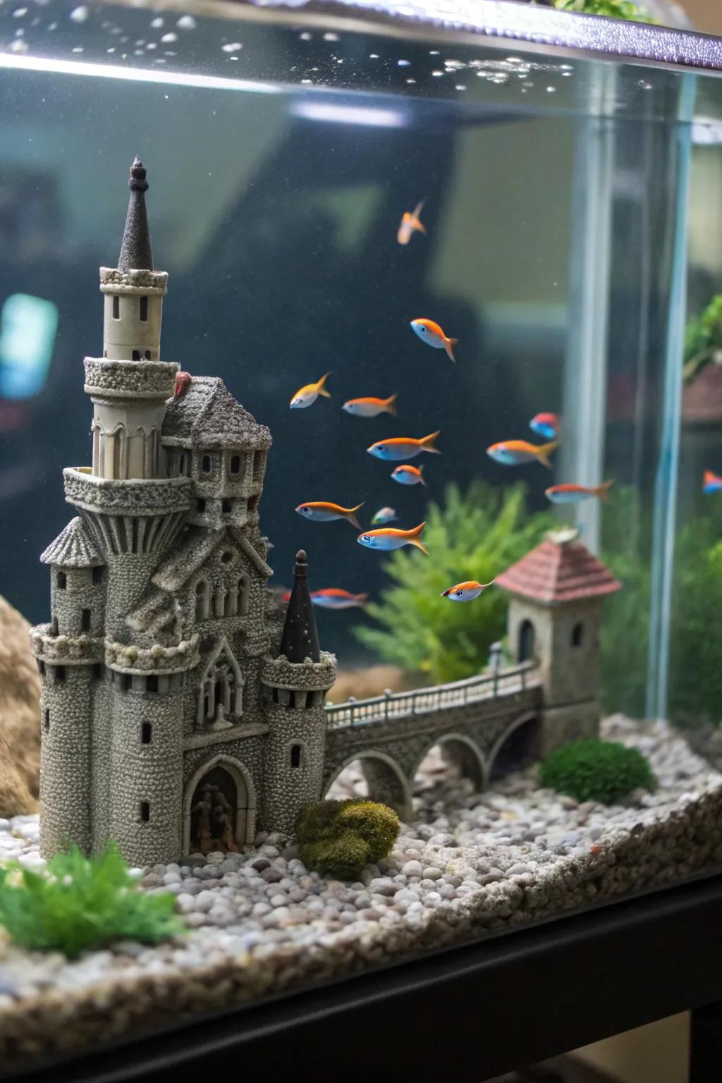 Design a themed tank with unique decorative items.