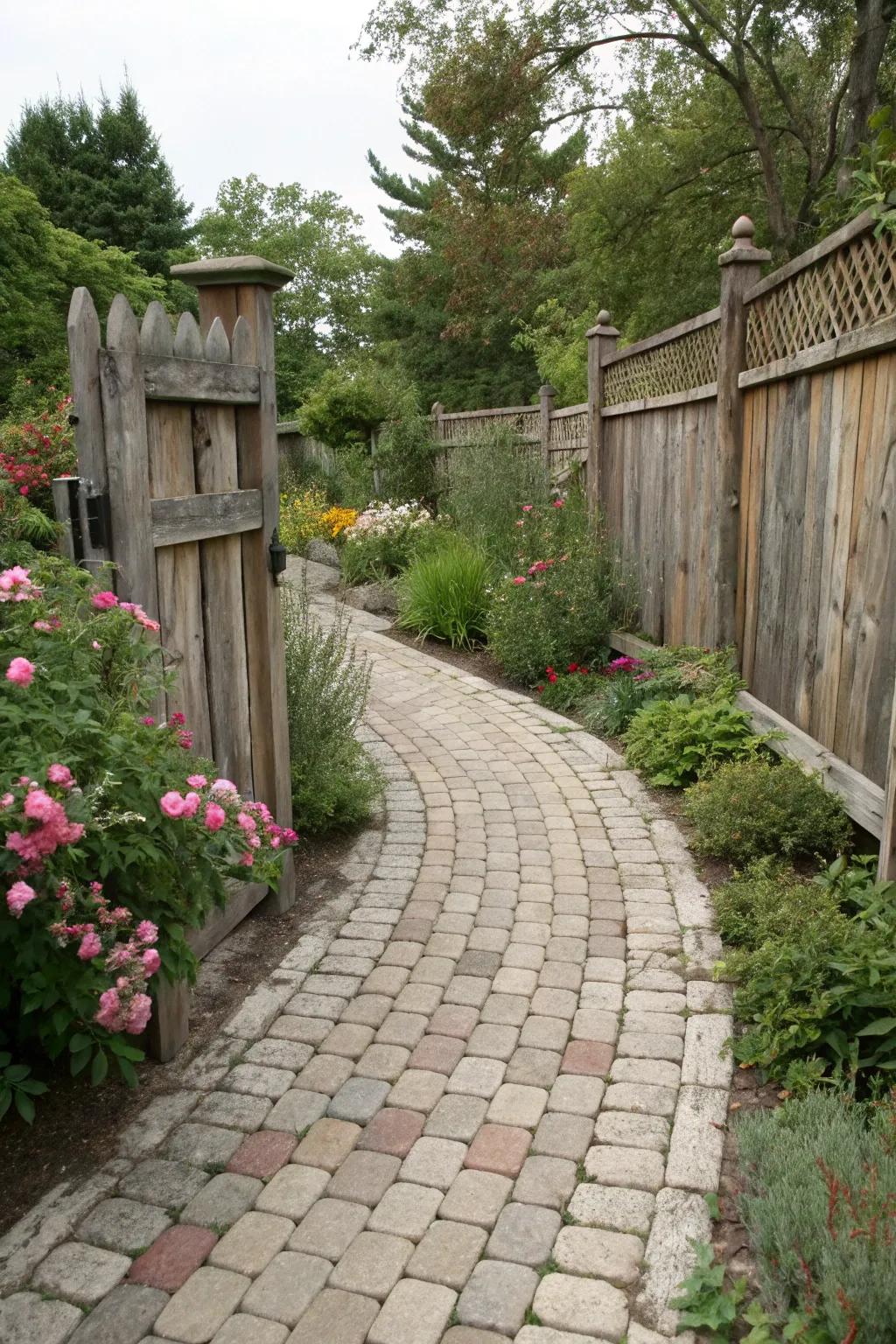 Rustic charm with a cobblestone and paver walkway.