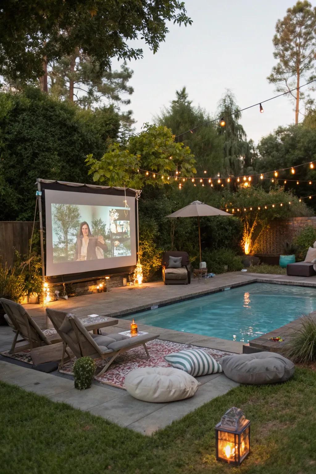 Transform your poolside into a charming cinema for an unforgettable movie night.