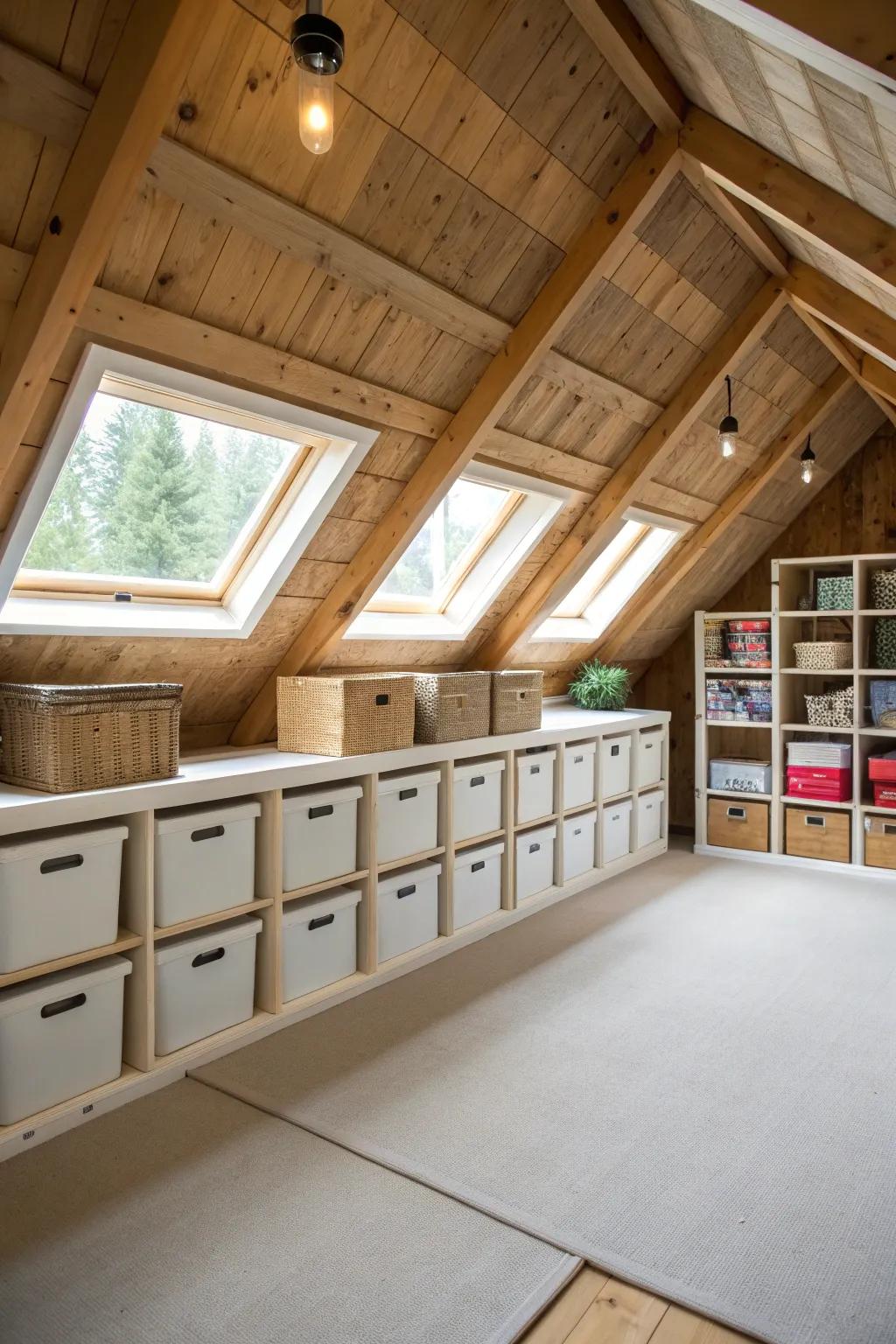 Utilize built-in storage to maximize space in your A-frame attic.