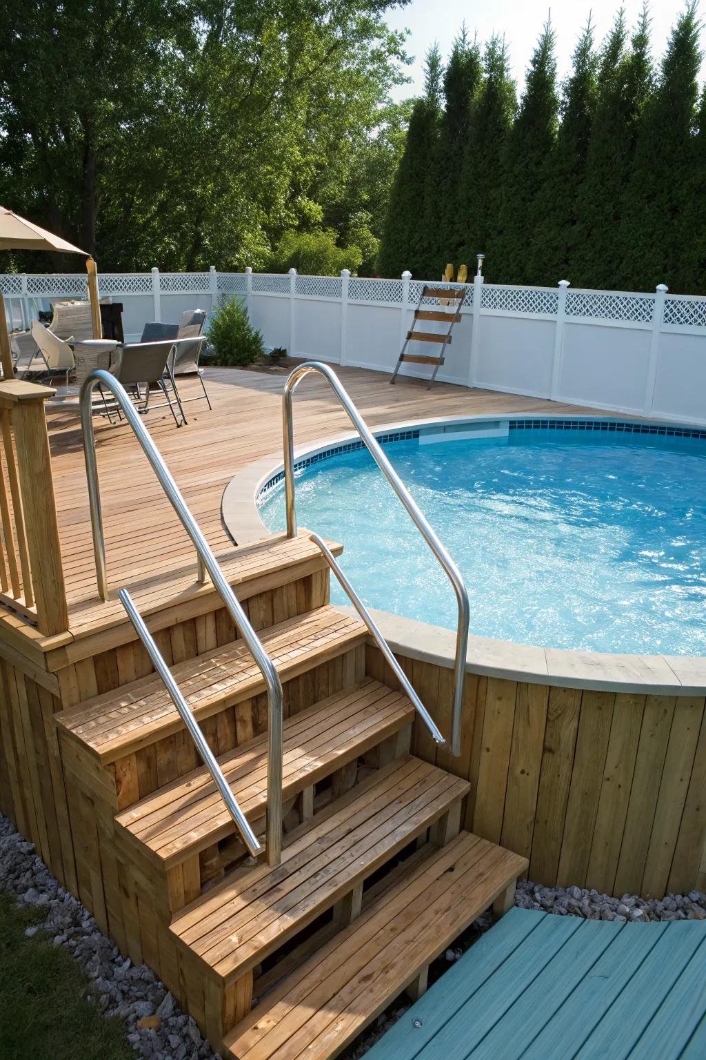 Safe and stylish pool access with ladders and steps.