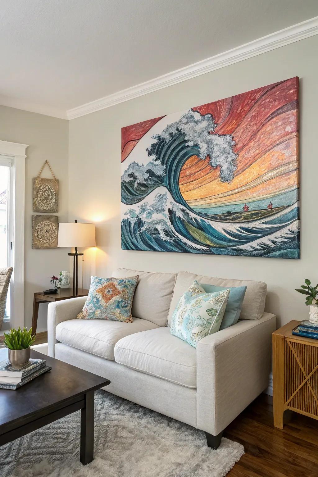 Wave patterns create movement and calm in this living room.