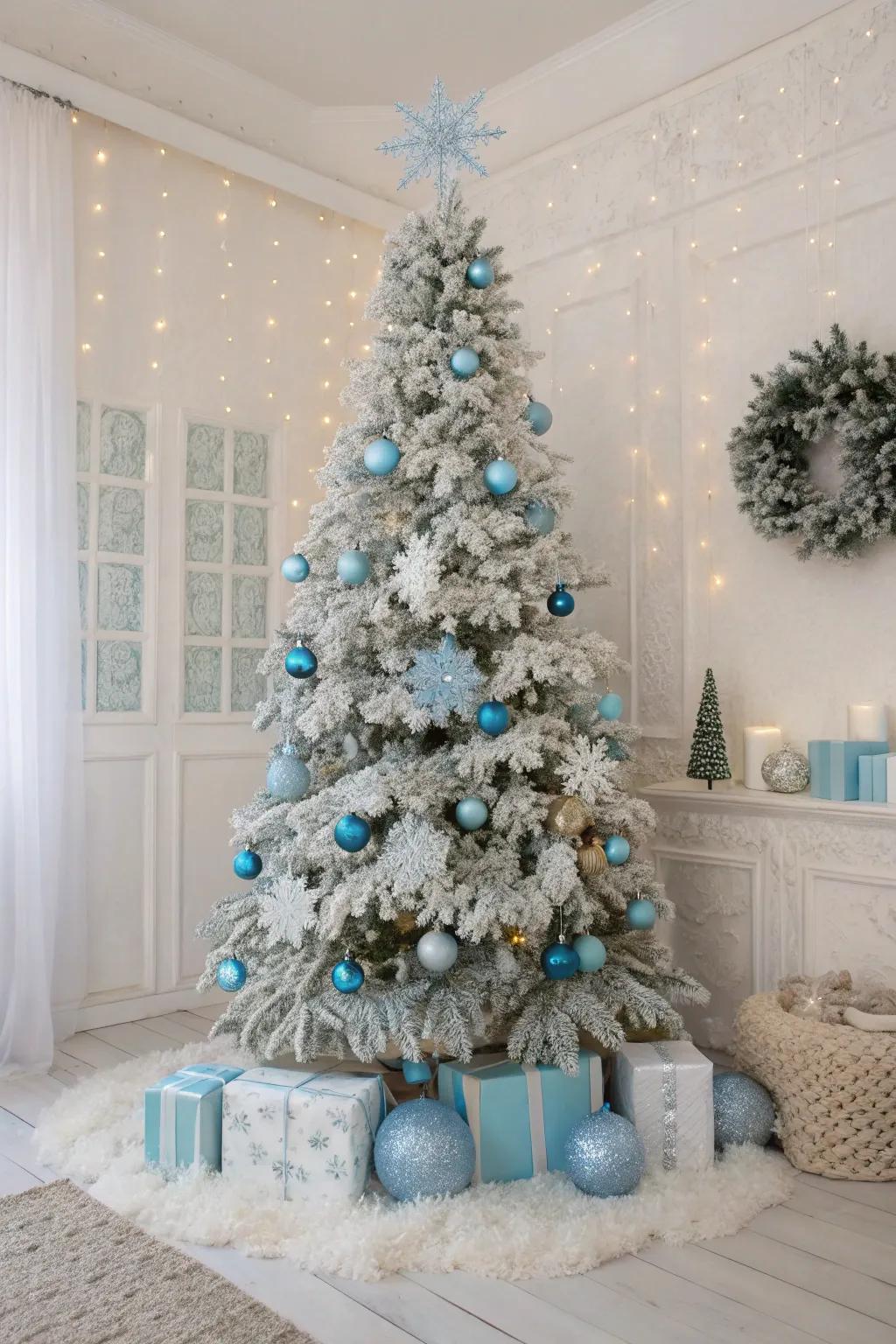 A frosty wonderland-themed Christmas tree with a magical snow-covered look.