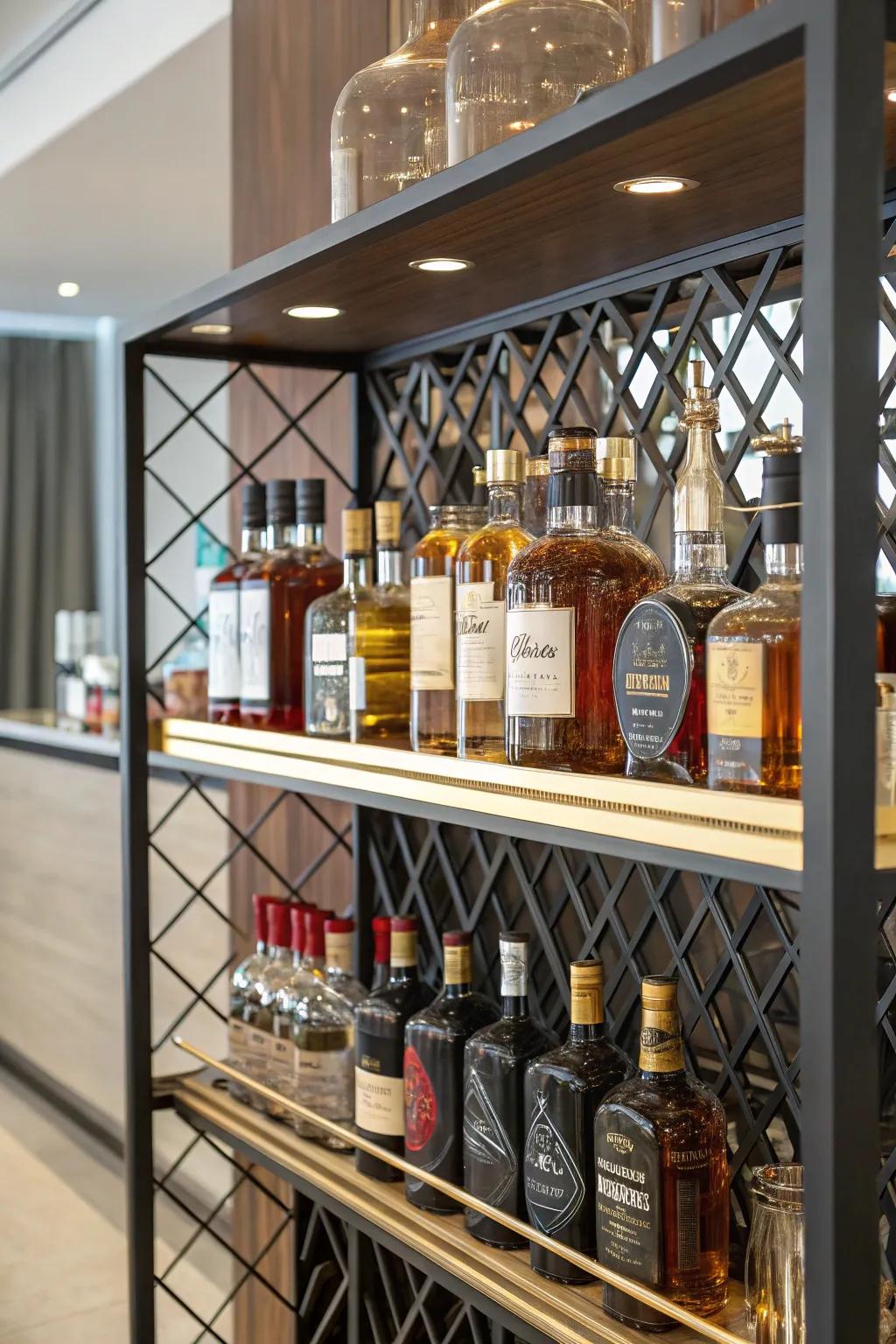 A unique custom-designed rack showcasing a variety of liquor bottles as a centerpiece.