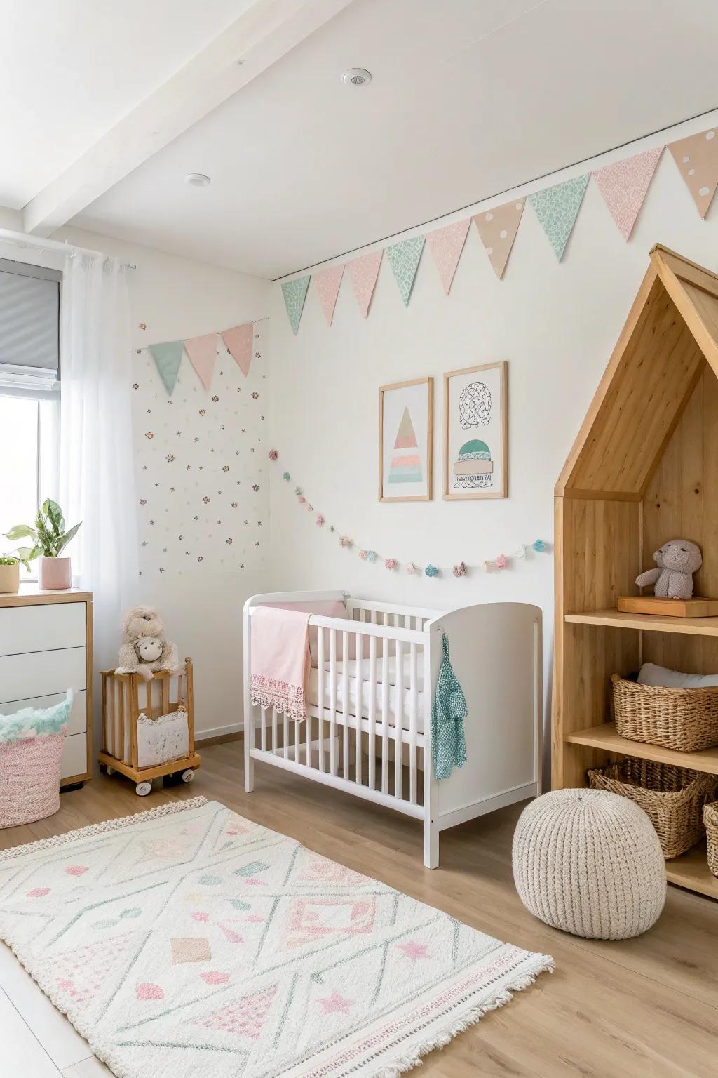 Neutral accents introduce subtle contrast in a white nursery.