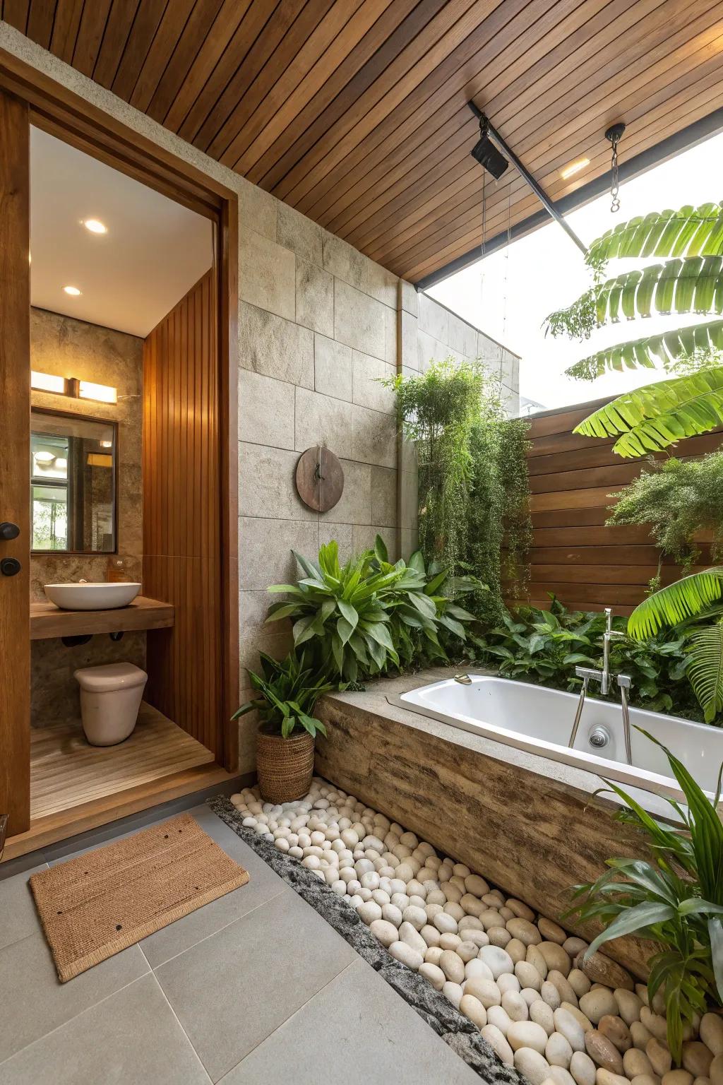 Nature elements create a tranquil and inviting bathroom environment.