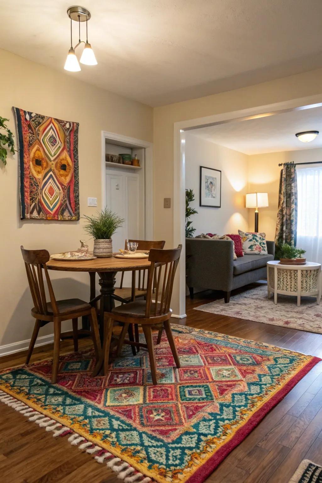 Rugs create a distinct dining zone.