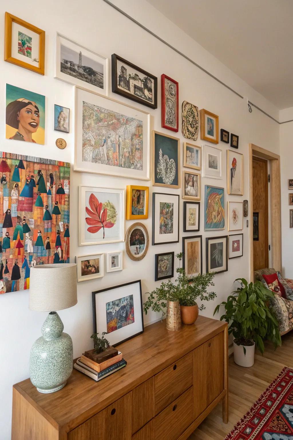 A gallery wall adds character and personal touch.