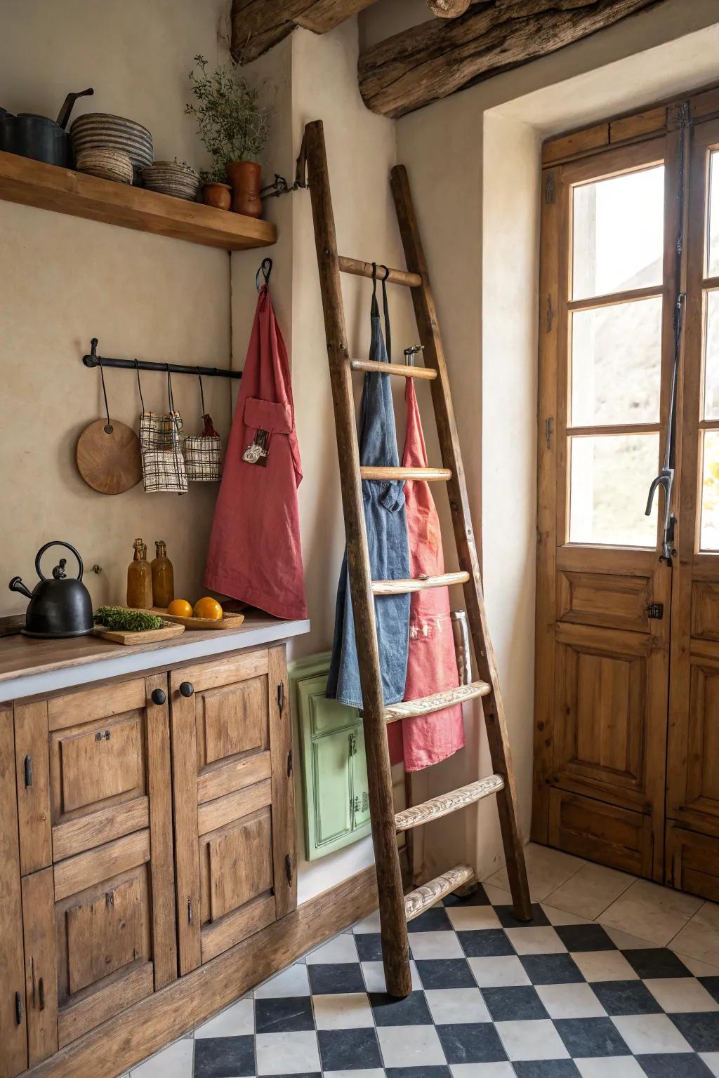 A vintage ladder adds rustic charm to your apron display.