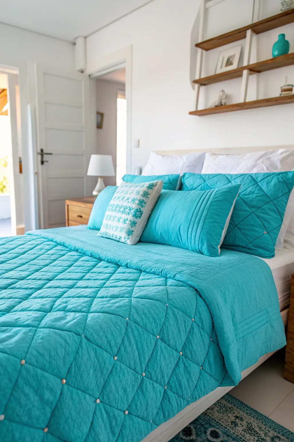 Aqua textiles add texture and depth to the bedroom.