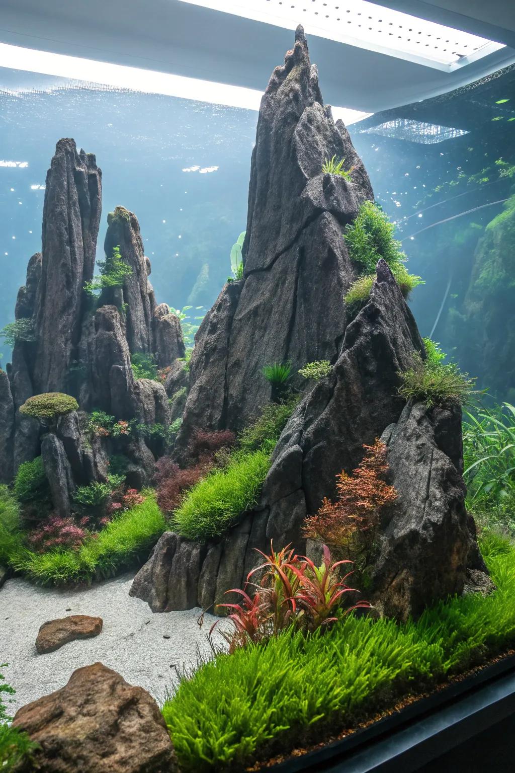 Rugged mountain peaks bring drama and boldness to this aquascape.