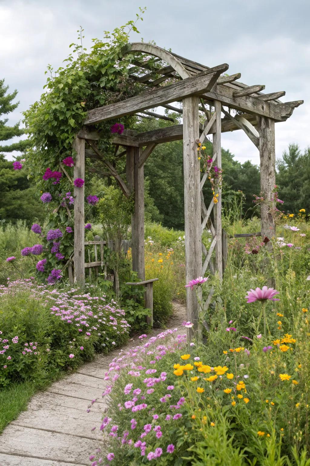 A rustic wooden arbor amidst a sea of wildflowers.