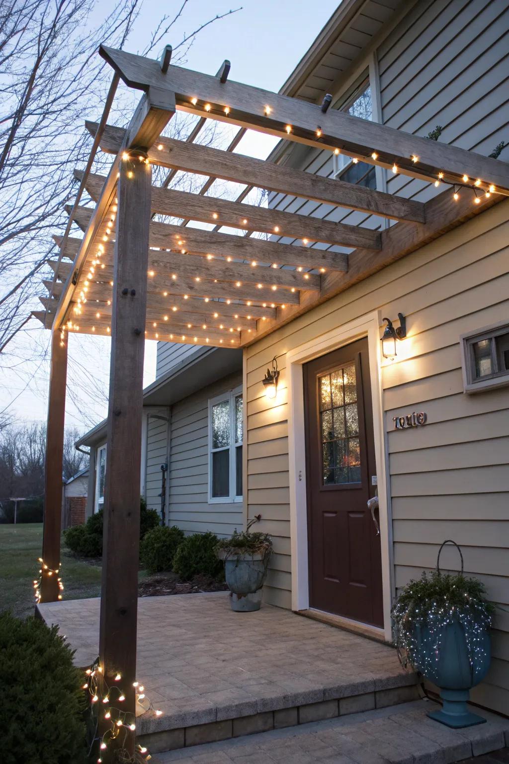 A pergola-style arbor with beams and string lights for an elegant entrance.