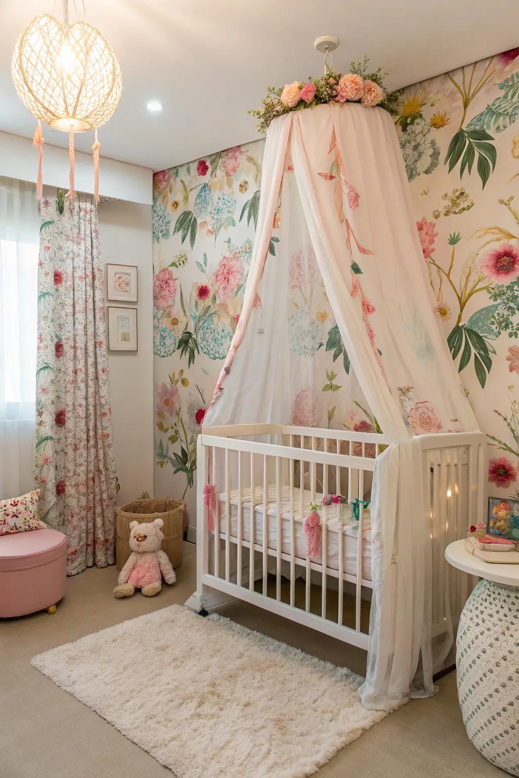 A dreamy canopy creates a whimsical feel over the crib.