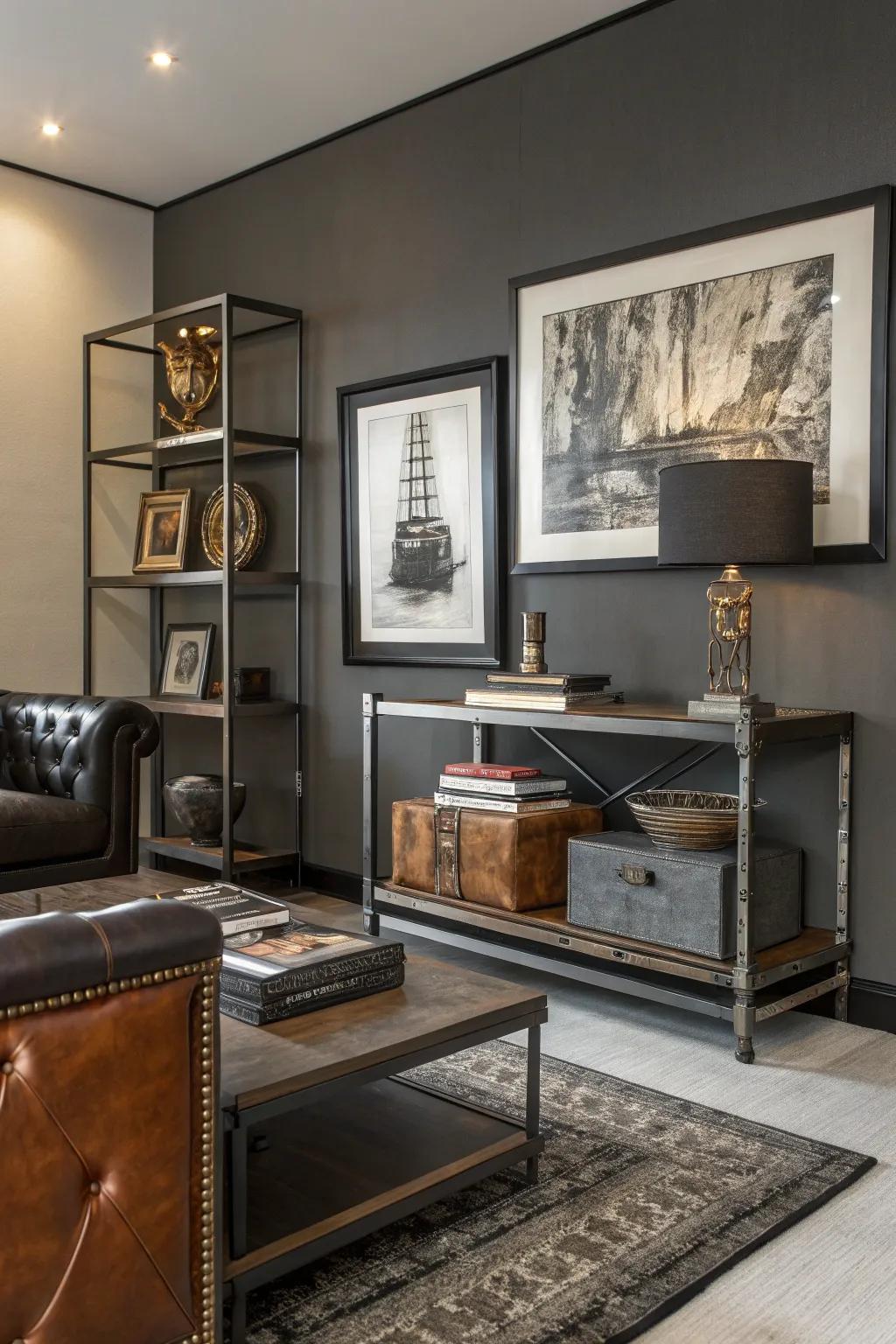 Metal and leather accents bring a masculine touch to the decor.