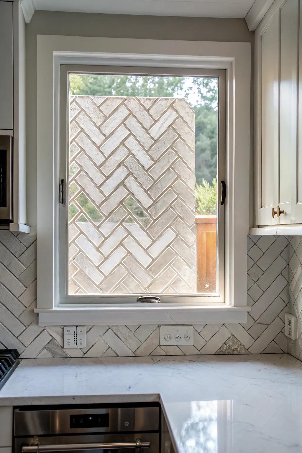 A dynamic herringbone tile pattern framing a kitchen window.