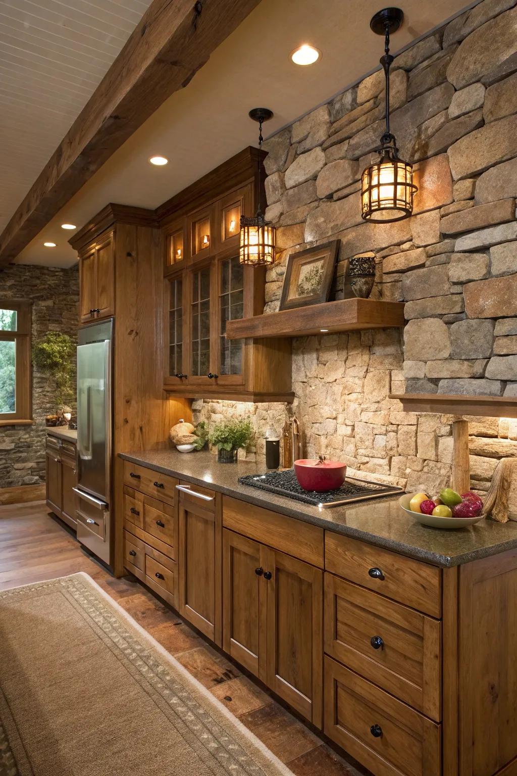 Natural stone adds rustic elegance to a kitchen with maple cabinets.