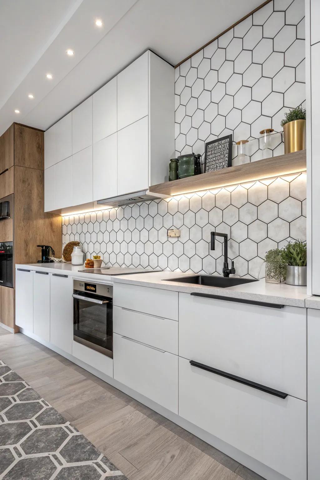 Hexagon tiles provide a modern geometric flair