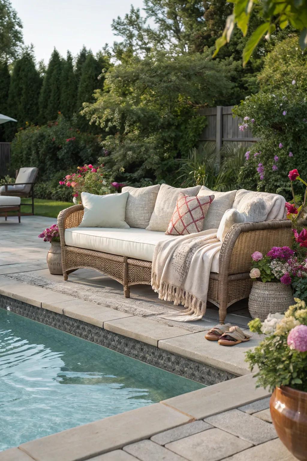 Poolside couches offer a touch of luxury and relaxation.