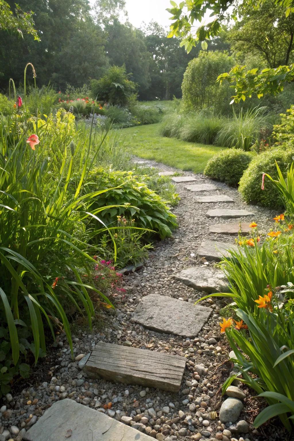 Mixed materials create a visually engaging garden path.