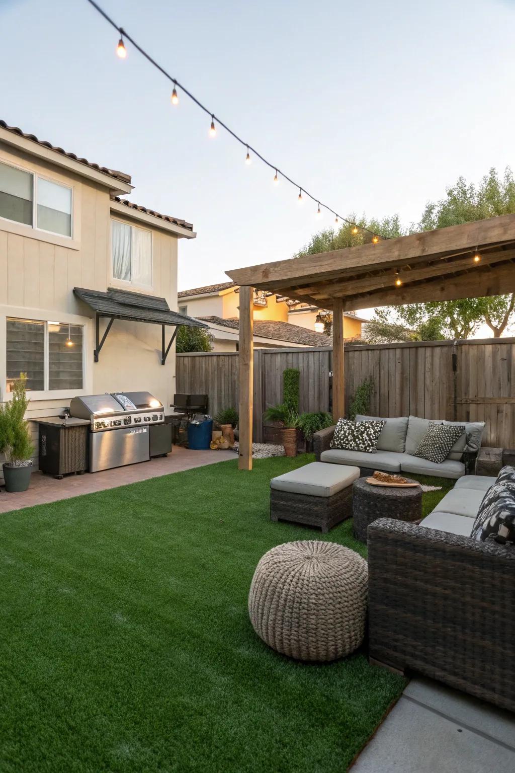 An entertainment area on lush artificial turf.