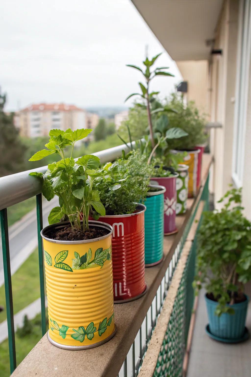 Recycled tin cans make whimsical and eco-friendly herb planters.