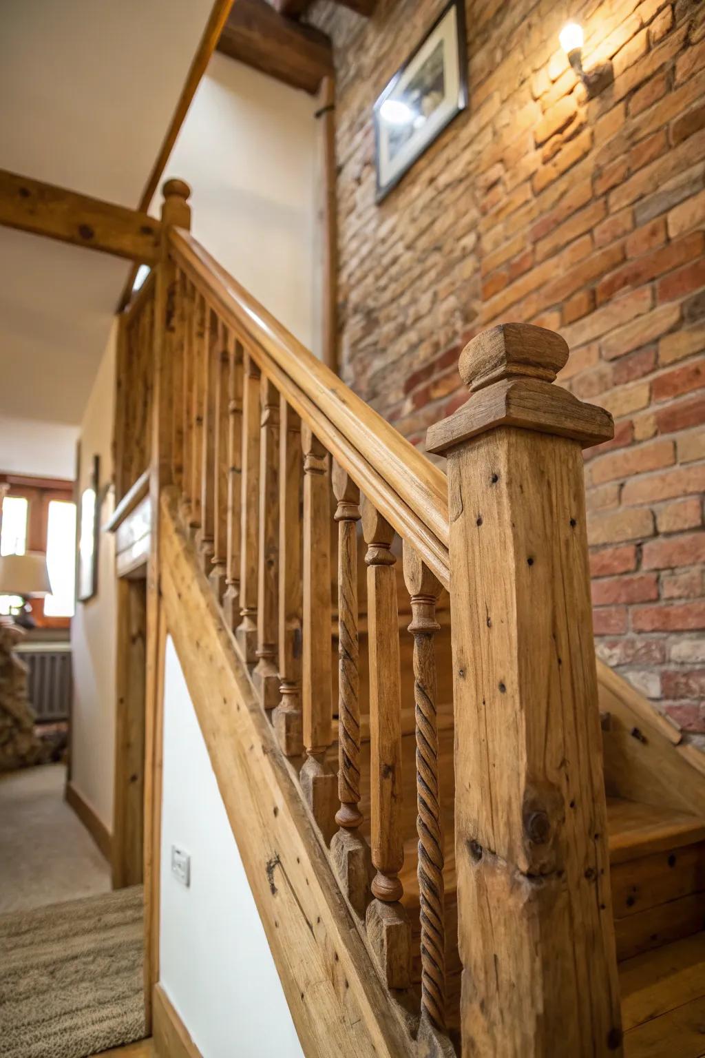 Rustic charm with a wooden banister against exposed brick.