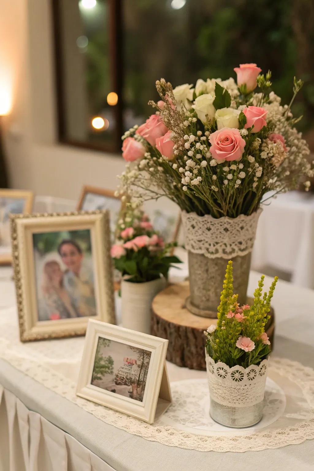 Personalized photo holders add a meaningful touch.