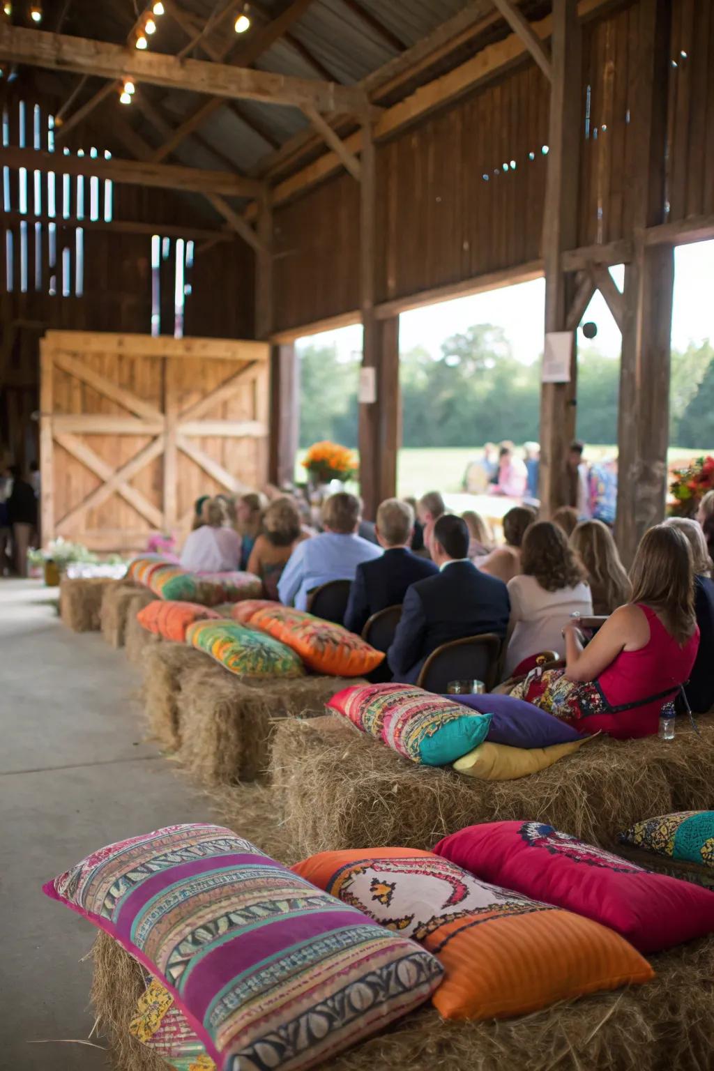 Hay bales offer casual and cozy seating options.