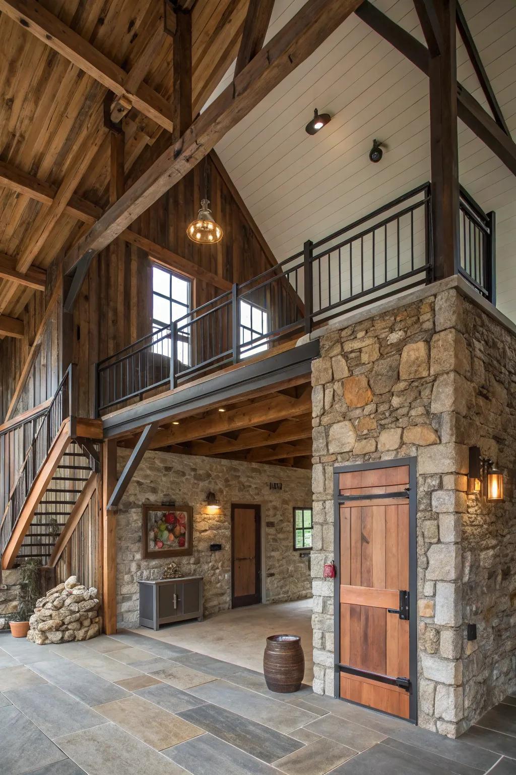 A barn loft showcasing a harmonious blend of wood, metal, and stone.