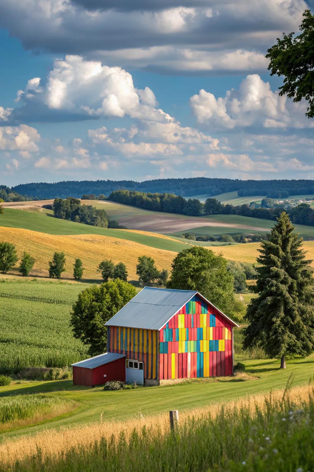 A barn boasting a vibrant color palette that adds character to its surroundings.
