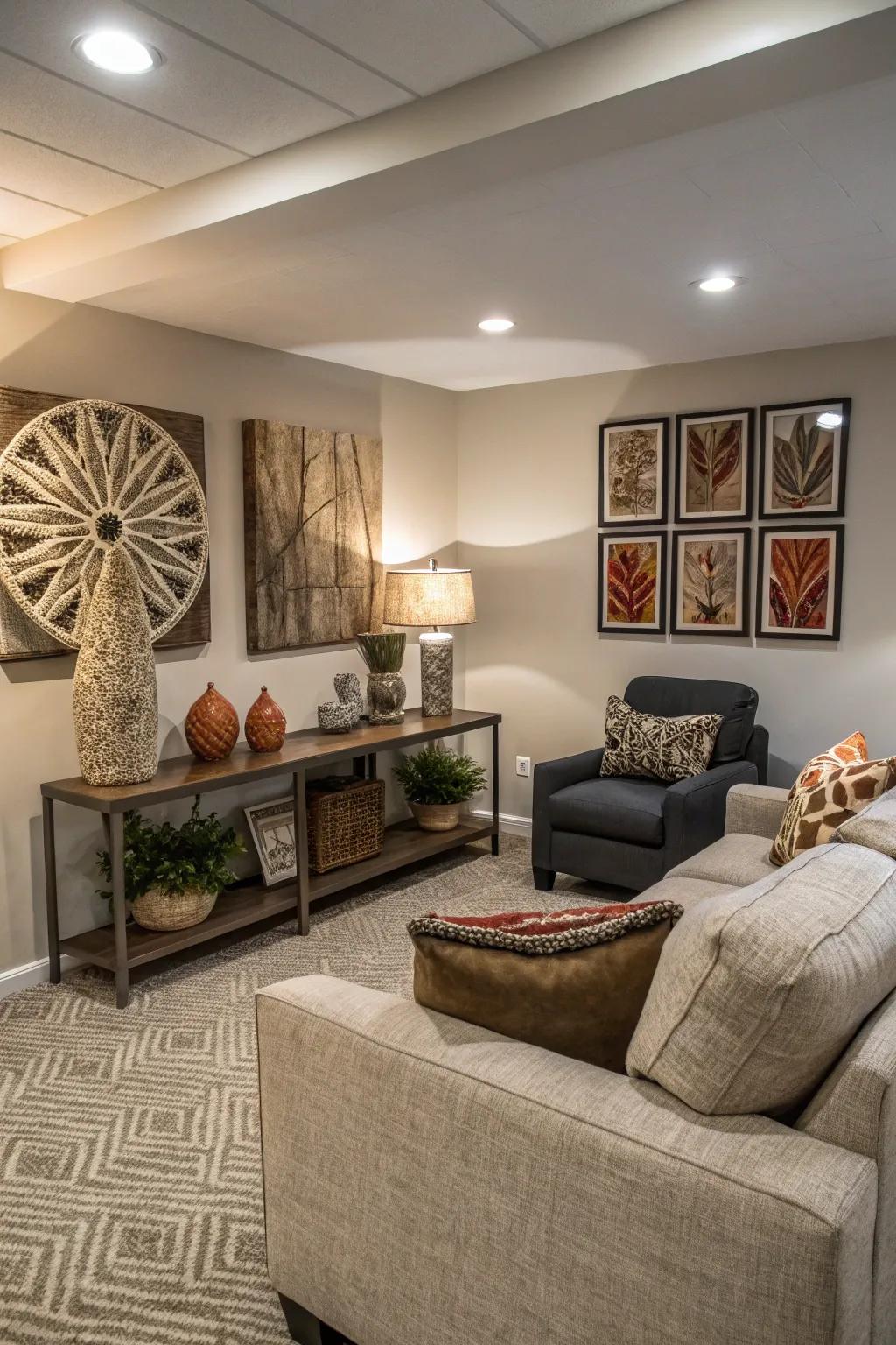 Wall art adds a personal touch to this stylish basement room.