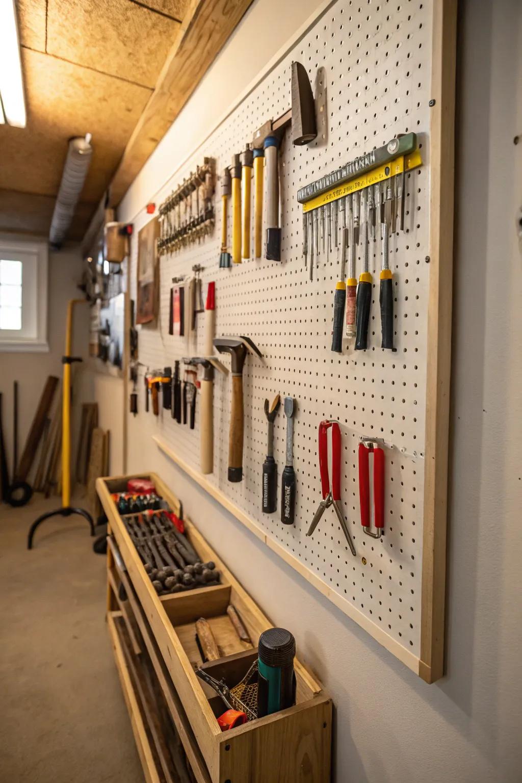 Pegboards offer a practical storage solution for tools.