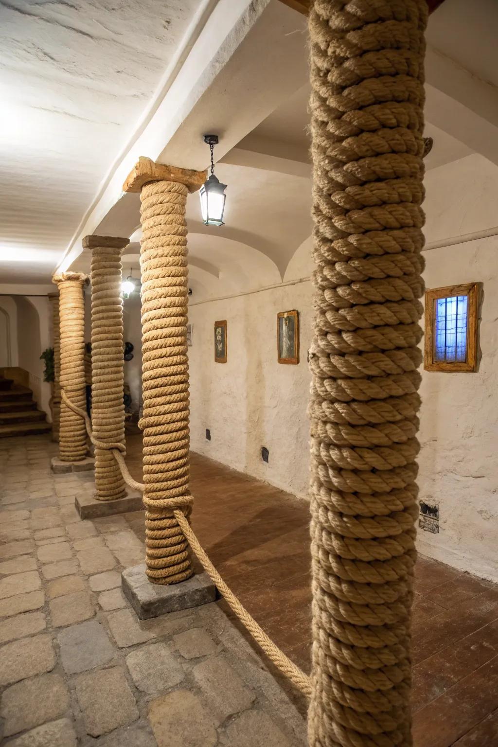 Textured rope wraps add a unique touch to basement poles.