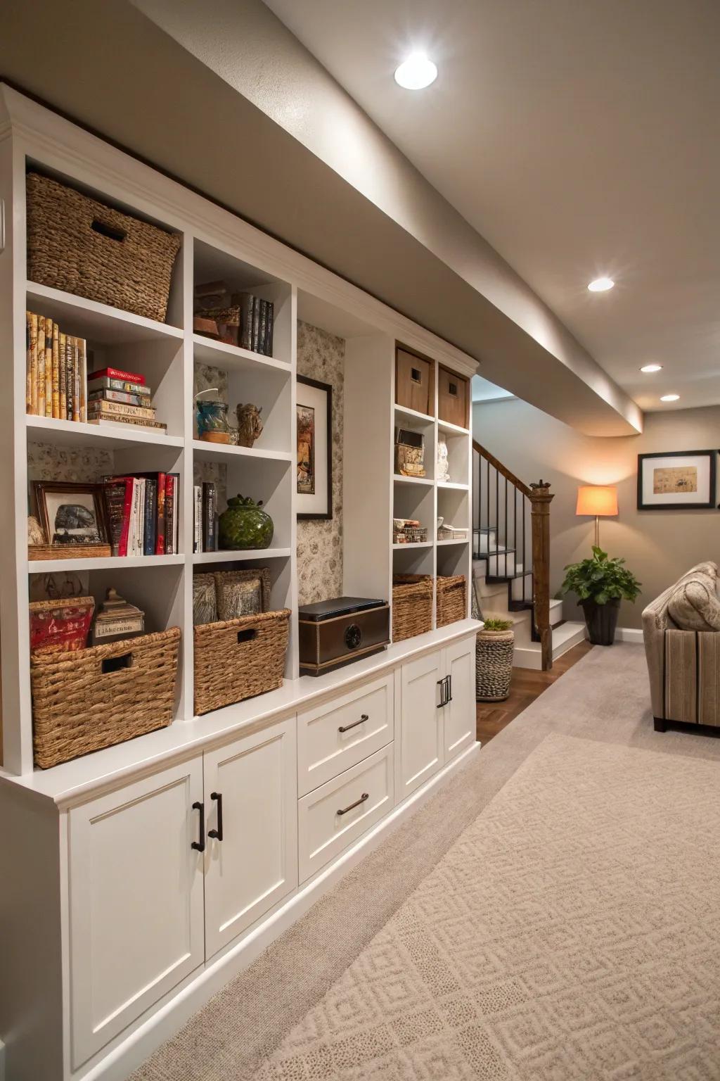 Built-in shelves create a seamless and sophisticated storage solution.