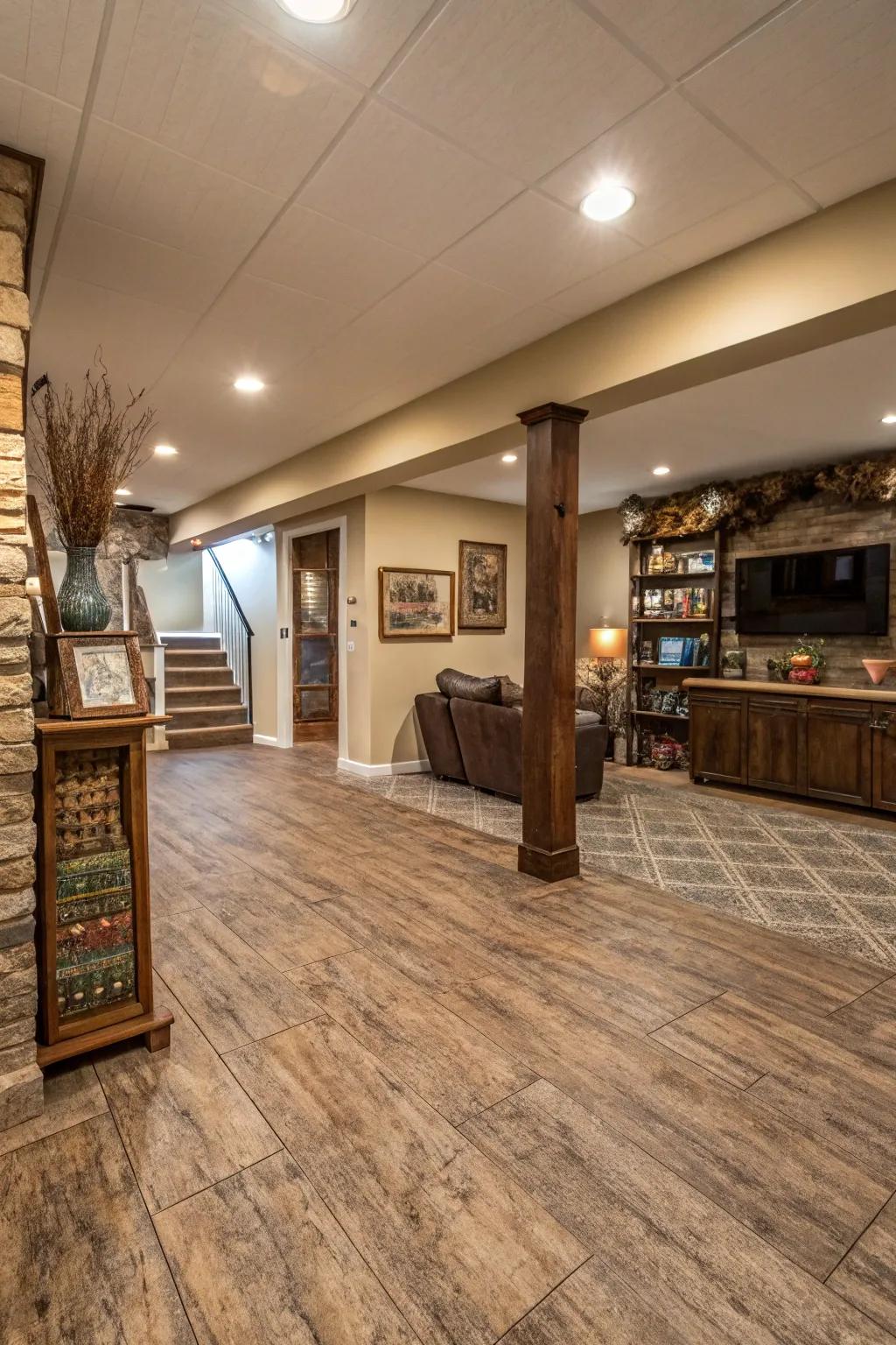 Textured vinyl flooring brings depth and warmth.