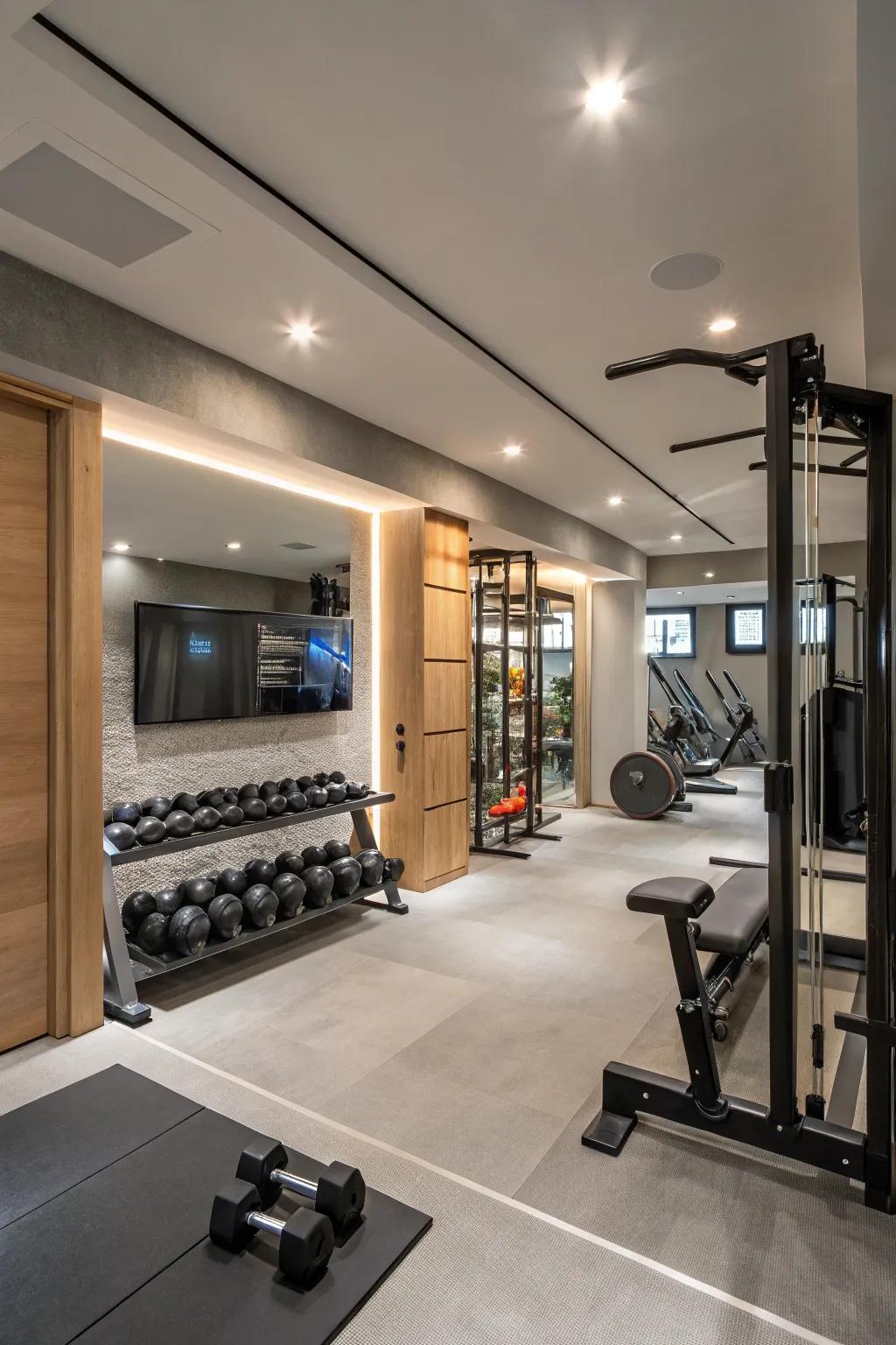 Modern design elements elevate the ambiance of your workout space.