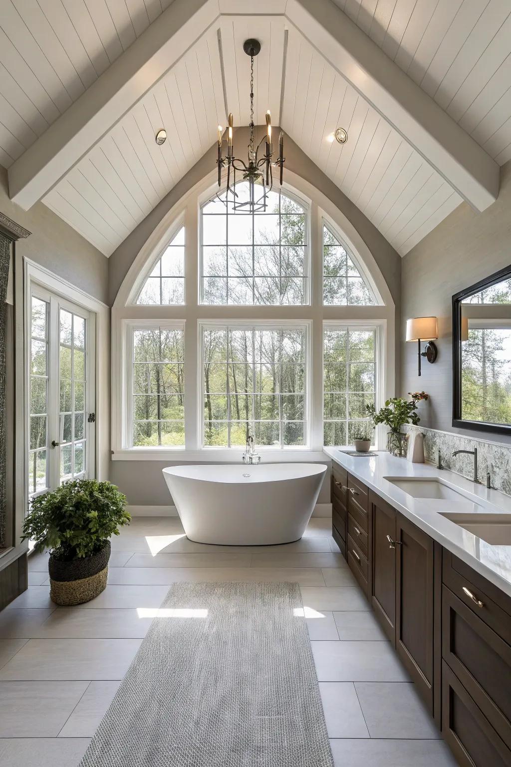 Vaulted ceilings enhance the feeling of spaciousness, perfect for a serene bathroom experience.