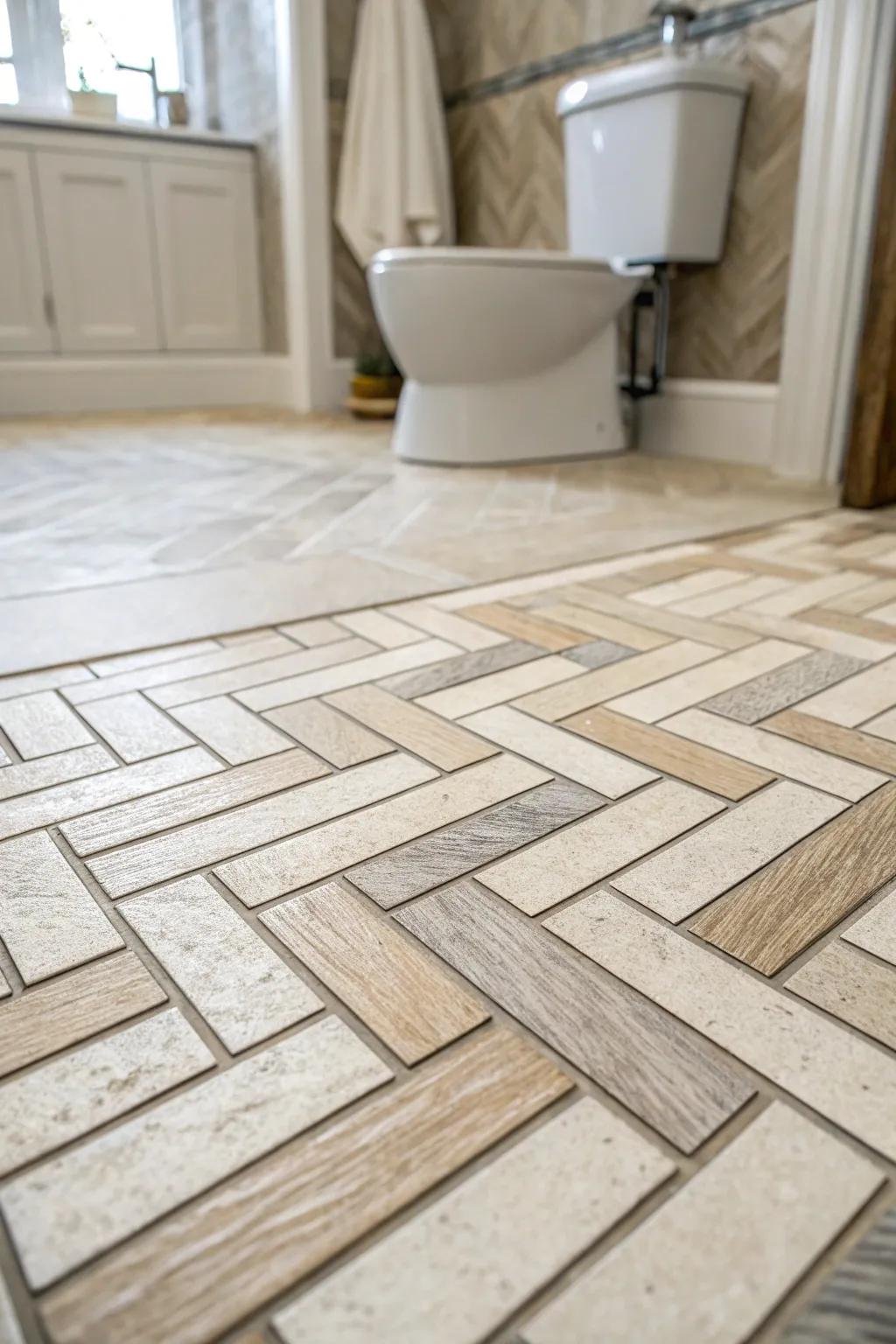 Herringbone patterns infuse movement and elegance into bathroom floors.