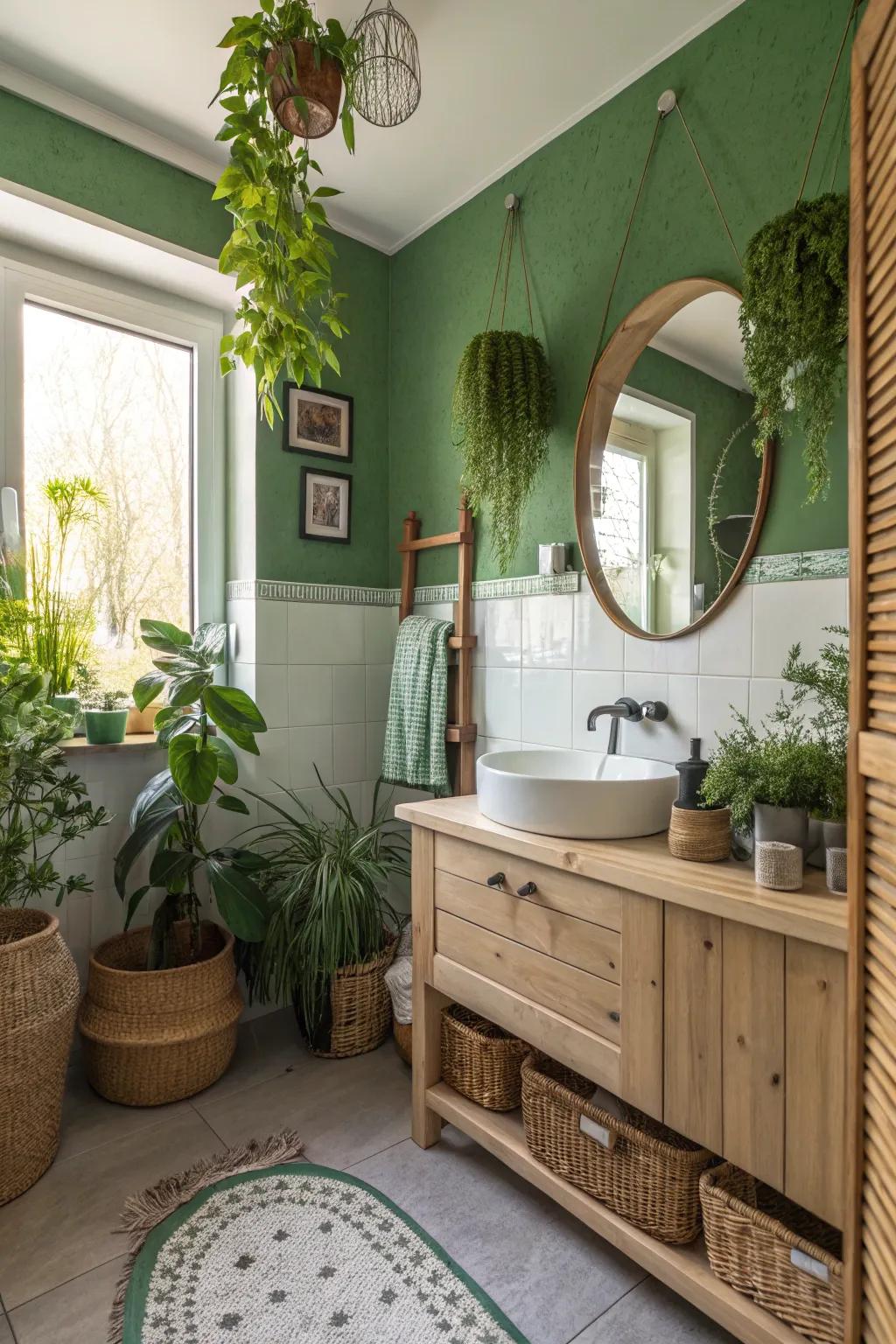 A nature-inspired bathroom with vibrant green walls.