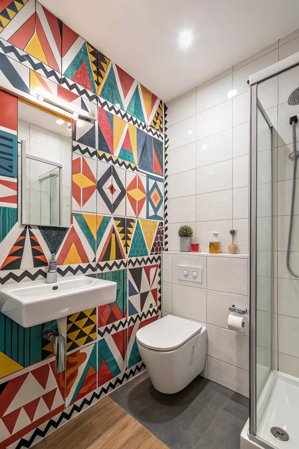 A bathroom with eye-catching statement tiles that add a unique touch.