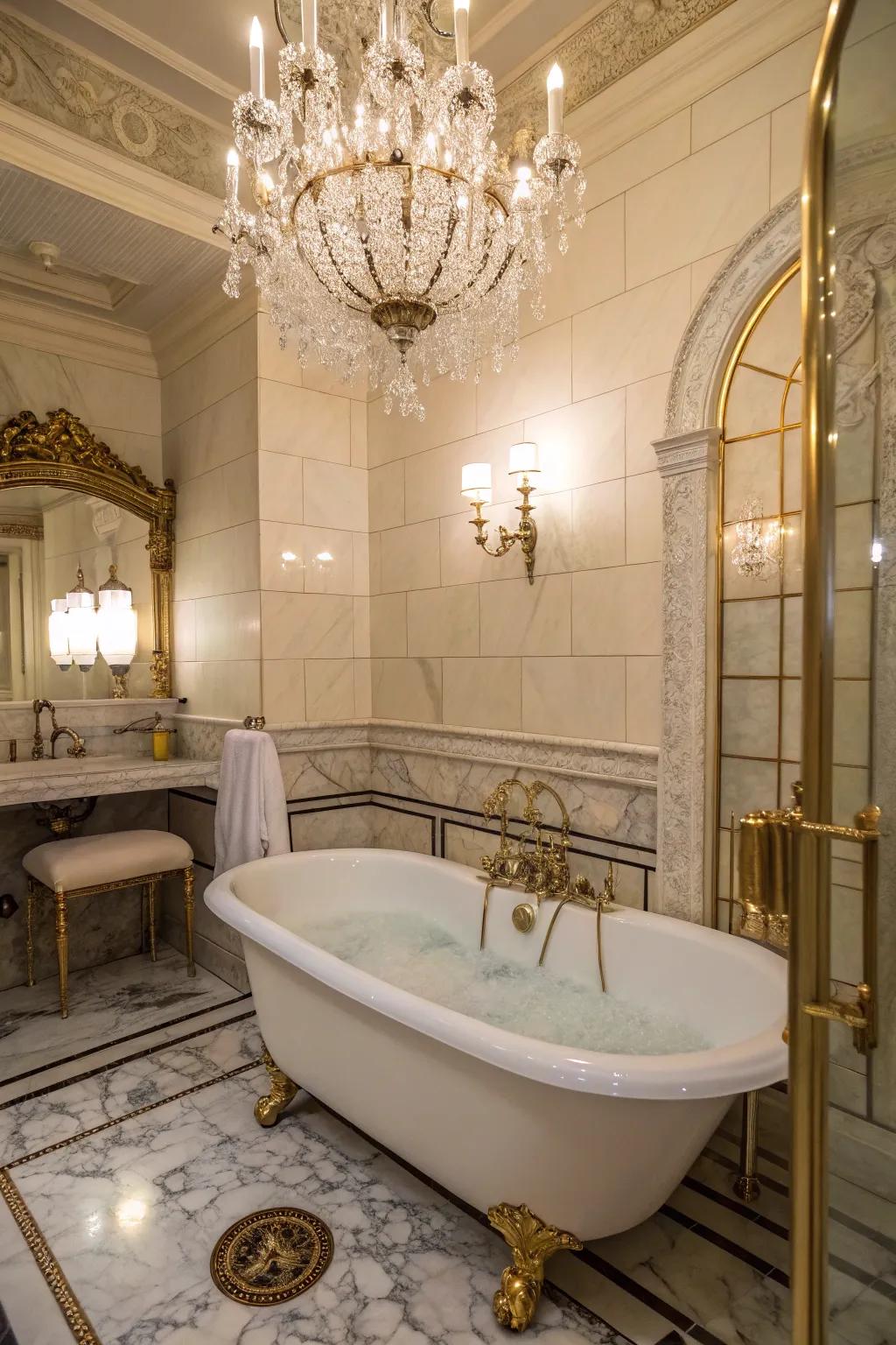 A chandelier above the bathtub adds a glamorous touch to this bathroom.