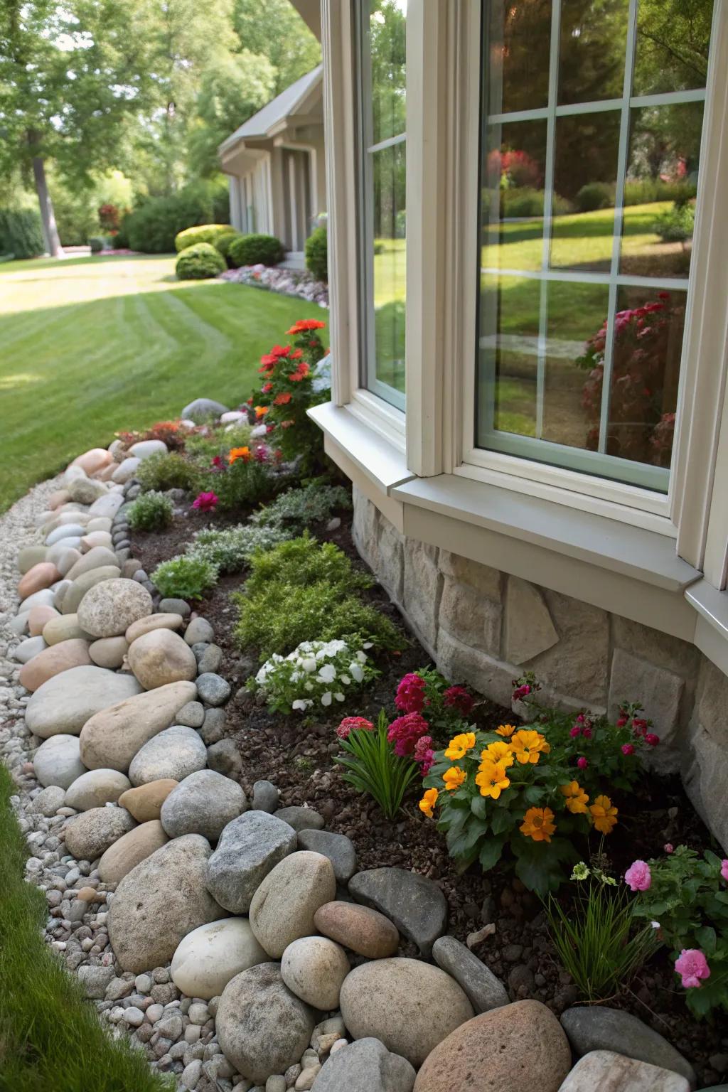 Rocks providing a textured border in a bay window garden.