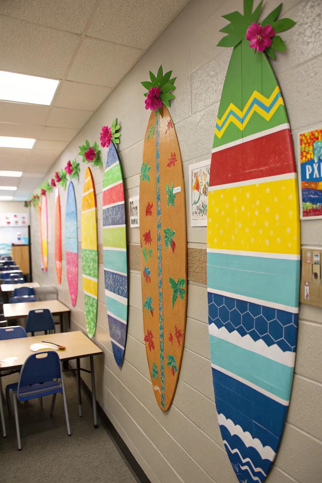 Creative DIY surfboard decor adds a splash of color and fun to the classroom walls.