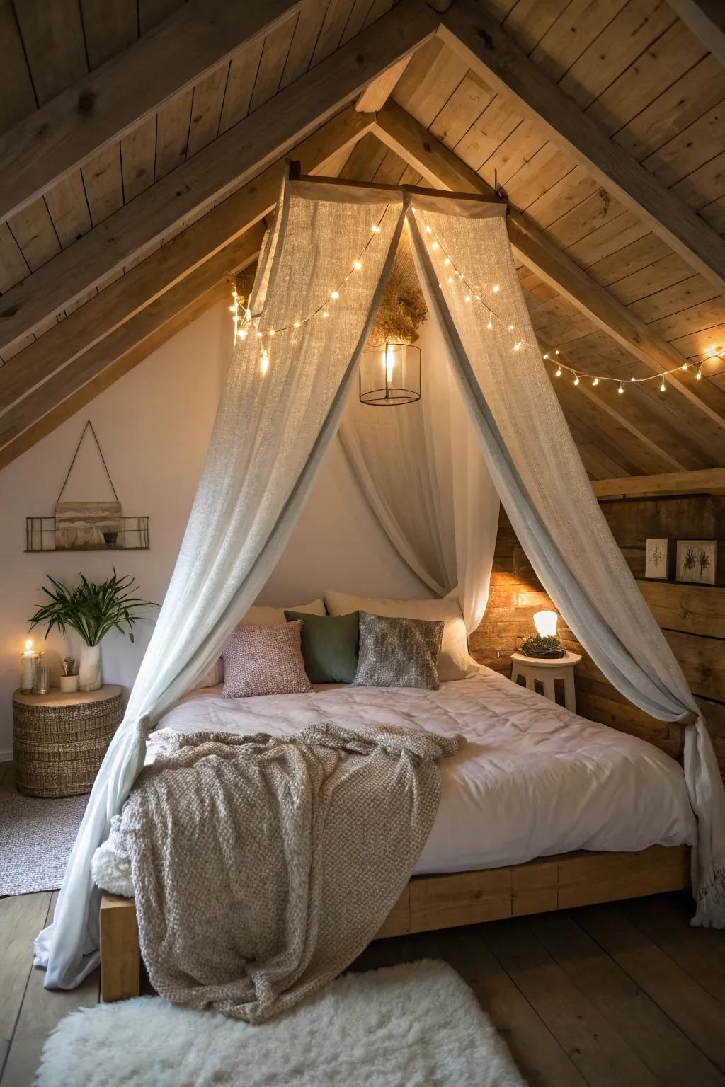 A draped canopy turns a small sloped area into a snug retreat.