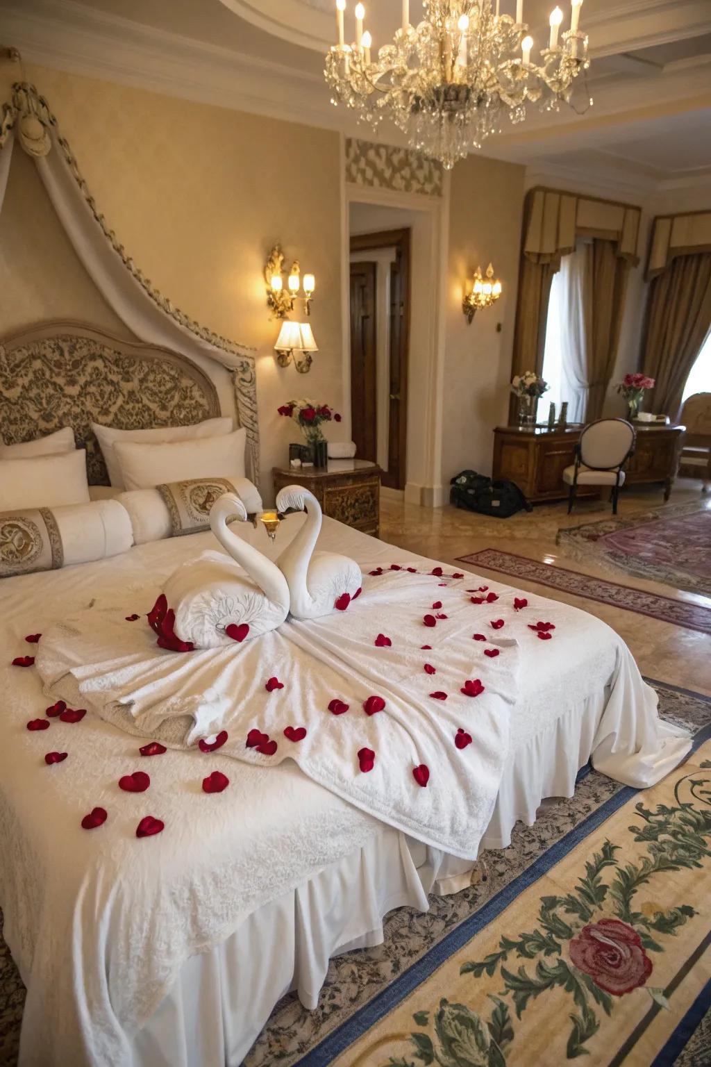 Intricate towel sculptures enhanced with rose petals for a luxurious touch.