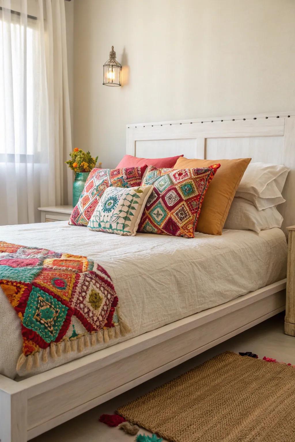 Colorful throw pillows can add a playful touch to your bed.