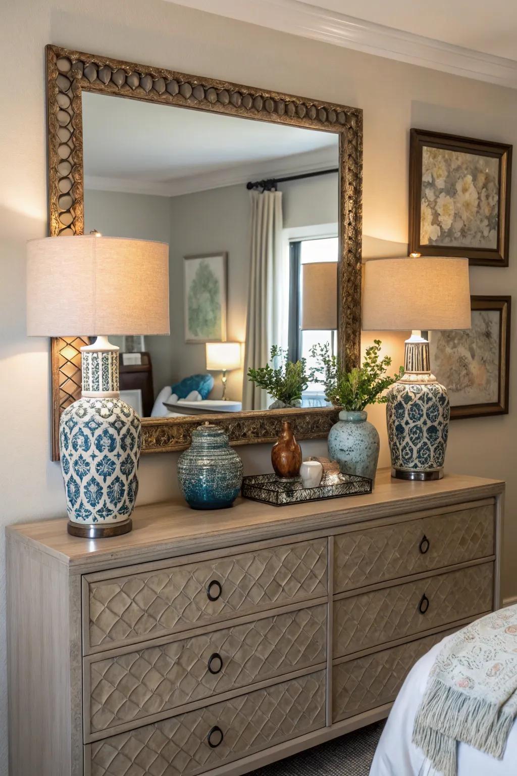 A dresser topped with a mirror, adding elegance and practicality to the bedroom.