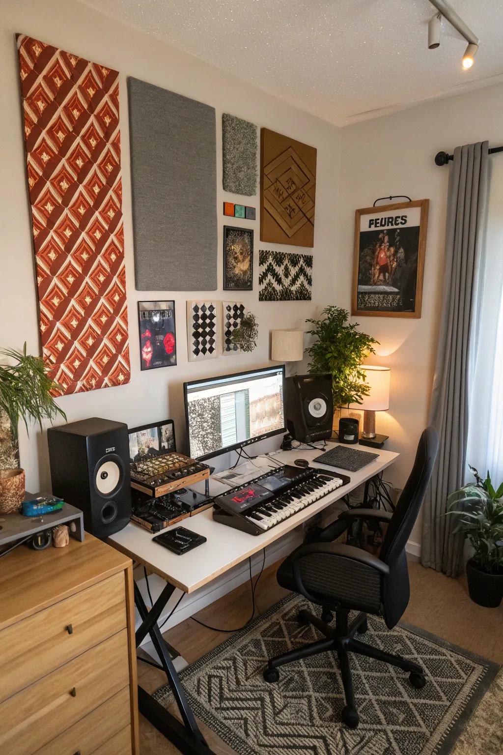 Acoustic panels serve both sound treatment and aesthetic purposes in a home studio.