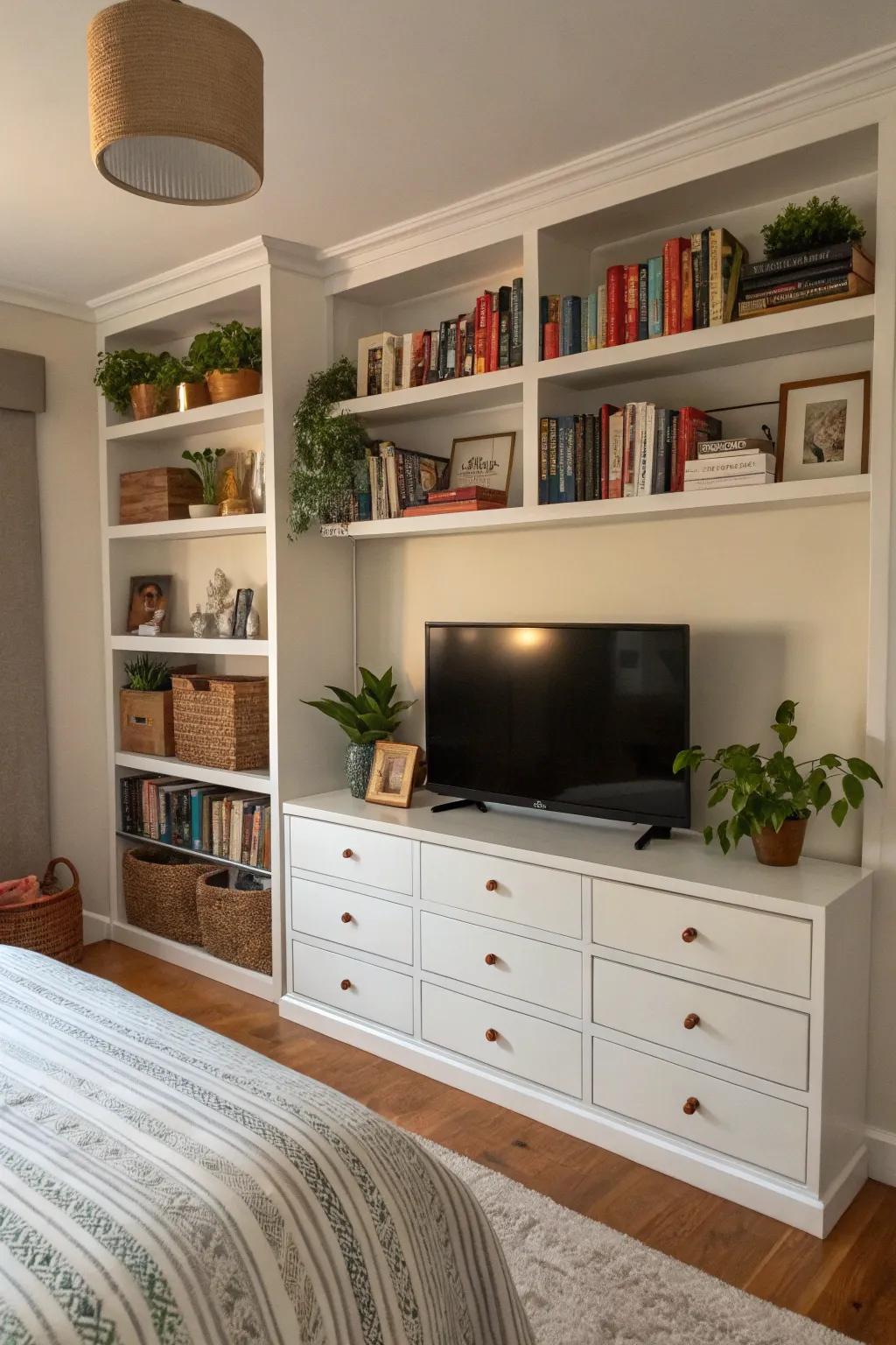 Built-in shelving integrates your TV into the bedroom design seamlessly.